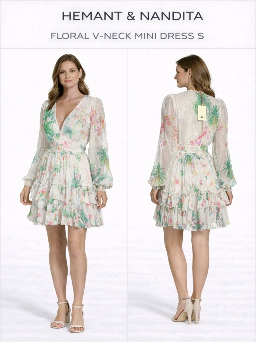 HEMANT NANDITA FLORAL V-NECK MINI DRESS S